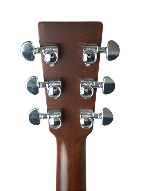 Detailed view of the headstock of a 2009 Martin D-35 left-handed acoustic guitar, highlighting its unique features and finish.