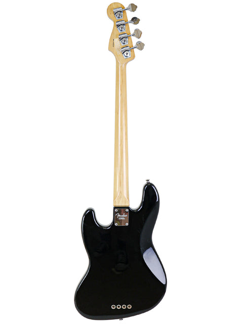 A 2005 Fender Jazz Bass guitar in black, set against a clean white background, highlighting its elegant features.