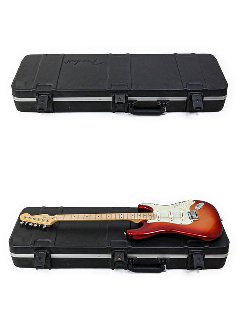 A black guitar case with a red electric guitar on top, both on a white background.
