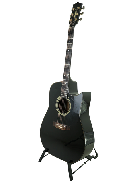 A classic black acoustic guitar on a stand, showcasing the Maton Tommy Emmanuel 'Ebony' Signature from 1989, Australia.