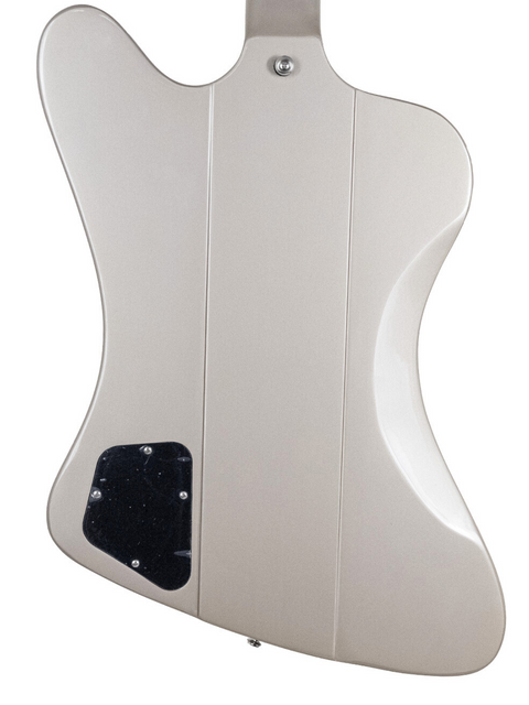A close-up of a white electric guitar body with a black pickguard.