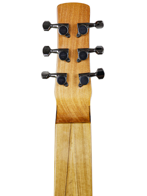 A close-up shot of the neck of a 2013 Tim Kill Custom Teardrop acoustic guitar, emphasizing its elegant shape and style.