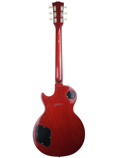 A striking red Gibson Les Paul Standard 60s electric guitar against a white backdrop, highlighting its iconic shape and features.