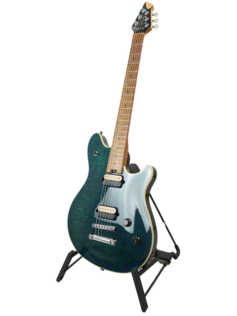 A vibrant green electric guitar, the Peavey EVH Wolfgang Standard Hardtail, elegantly positioned on a stand for display.