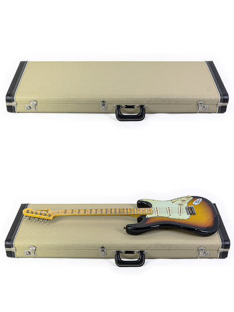 A white background showcases two guitars in a case, including a 2013 Fender John Cruz Master Built ‘64 Stratocaster Relic.