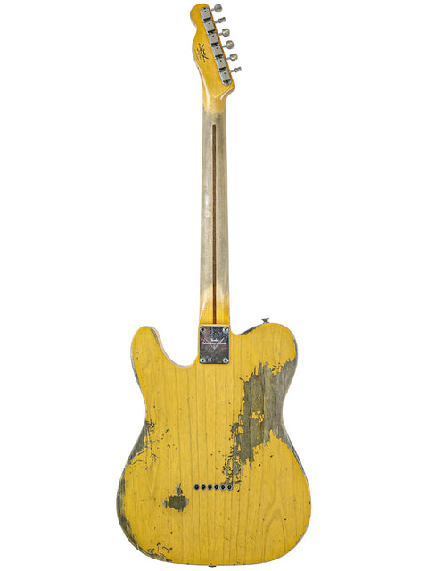 A yellow Fender Custom Shop '53 Telecaster Heavy Relic guitar with a wooden body and neck, crafted in the USA, 2017.