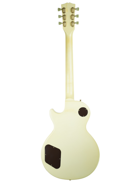 An Arctic White 1989 Gibson Les Paul Standard electric guitar, distinguished by its black pickguard and vintage appeal.