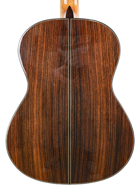 Back view of a José Ramírez Estudio 3 acoustic guitar, showcasing its elegant wooden back, crafted in Spain, 2019.
