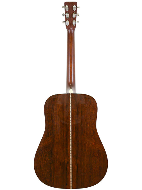 Back view of a Martin D-28 CFM IV guitar, showcasing its elegant wooden back, part of a limited edition series.