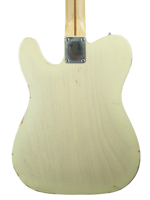 Back view of a white Fender Custom Shop '59 Esquire Journeyman Relic guitar with a wooden body, USA, 2003.