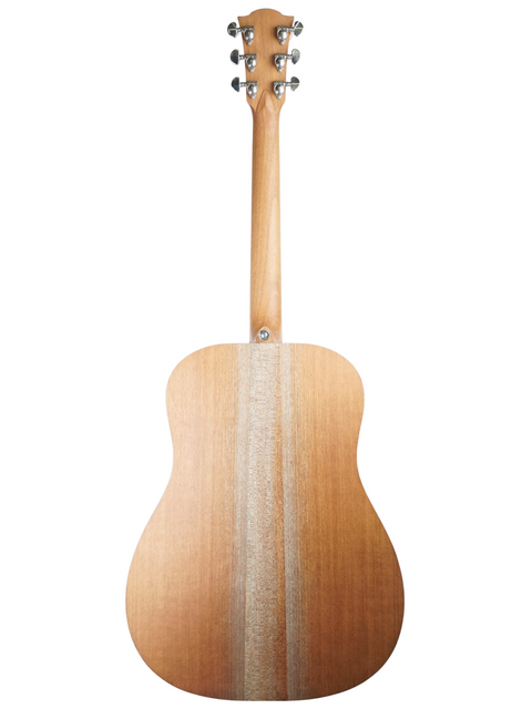 Back view of an acoustic guitar showing wood grain and tuning pegs.