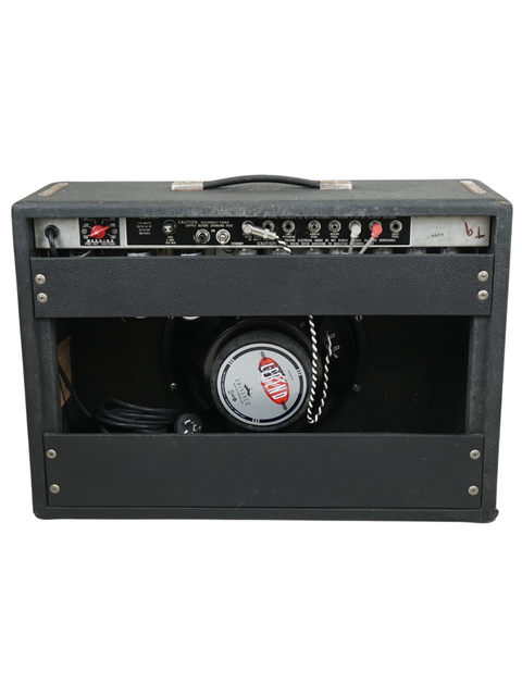 Black amplifier featuring a red button, representing the iconic 1979 Fender Deluxe Reverb Silverface Combo.