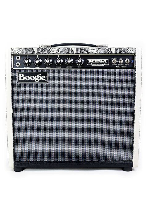 Black and white amplifier displaying "boogie," identified as Mesa Boogie King Snake, made in the USA in 2014.