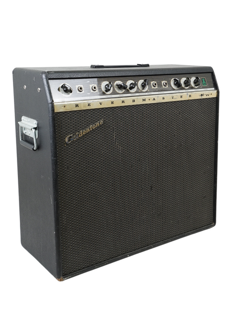 Black and white depiction of a 1966 Goldentone Reverbmaster Model 1755 guitar amplifier, highlighting its vintage features.