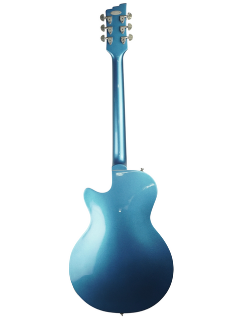 Blue electric guitar on a white background with headstock visible.
