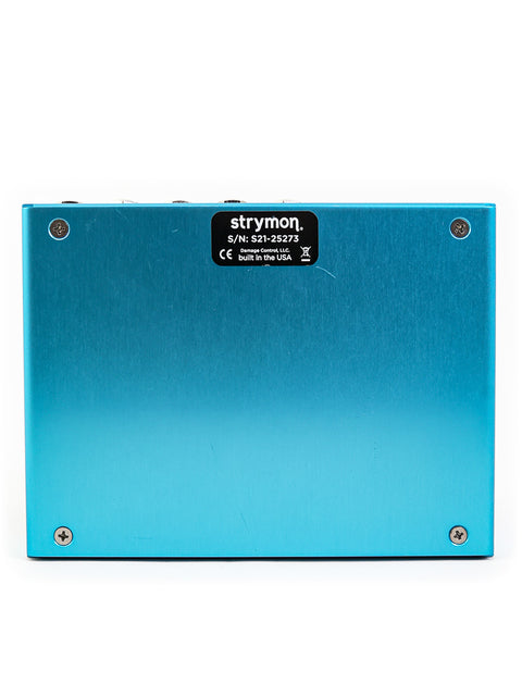 Blue metal box displaying "sig," highlighting the Strymon BigSky Multi Reverb Pedal, proudly made in the USA.