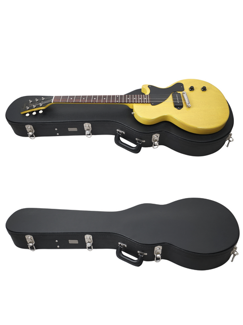 Bright yellow electric guitar case with a black finish, designed for the Gibson Custom Les Paul Jr. TV Yellow, 2020 edition.
