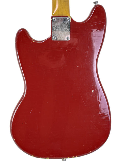 Classic 1966 Fender Musicmaster II in red, with a beautifully crafted wooden back and neck, perfect for any music lover.