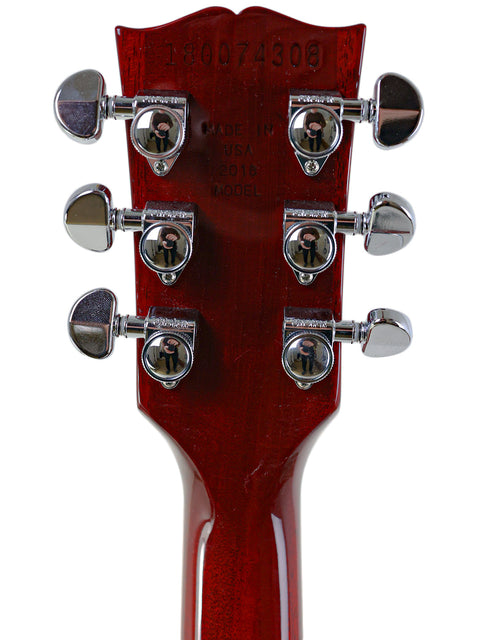 Close-up image of the headstock of a USA-made 2018 Gibson Les Paul Standard electric guitar, emphasizing its quality.