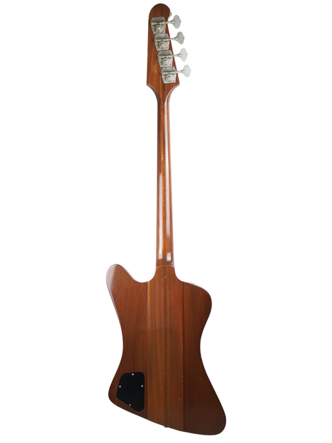 Close-up of a 1976 Gibson Bicentennial Thunderbird IV Bass, featuring a stunning wooden body and neck design.