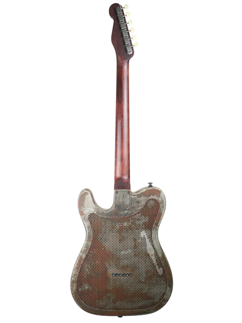 Close-up of a James Trussart Steelcaster guitar, featuring a rustic finish and a beautifully crafted wooden body from 2006.