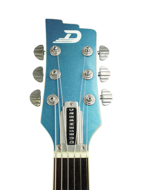 Close-up of a blue Duesenberg guitar headstock with tuning pegs, isolated on white background.