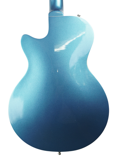 Close-up of a blue electric guitar body with a glossy finish.