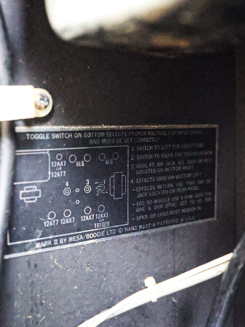 Close-up of the electrical panel in a 1979 Mesa Boogie Mark IIA Combo, highlighting the detailed circuitry and connections.
