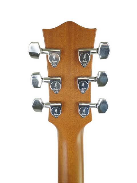 Close-up of the neck of a Maton EM300 acoustic guitar, showcasing its natural wood finish and intricate fret details.