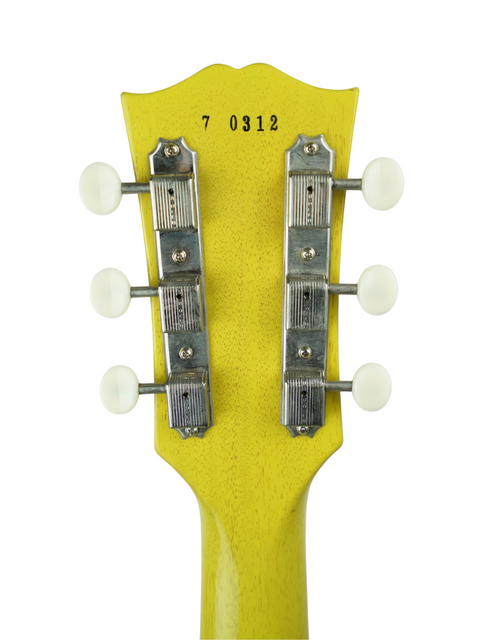 Detailed view of the headstock on a 2020 Gibson Custom Les Paul Jr. in vibrant TV Yellow, highlighting its unique features.