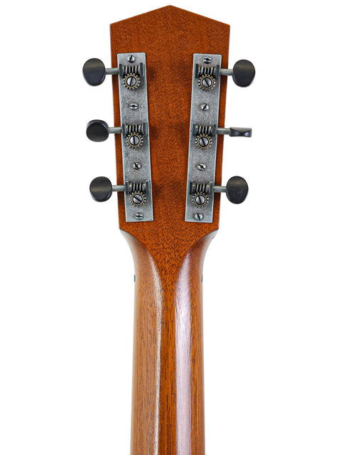 Detailed view of the neck of a Waterloo WL-14 X Scissortail acoustic guitar, highlighting its smooth finish and frets.