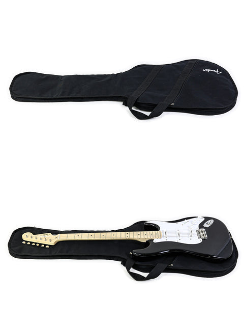 Display of a Fender Eric Clapton "Blackie" Stratocaster guitar and its case, illustrating the classic style and artistry of both.