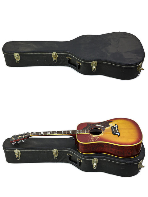 Dual perspectives of a vintage 1968 Gibson Dove acoustic guitar case, capturing its timeless elegance and craftsmanship.