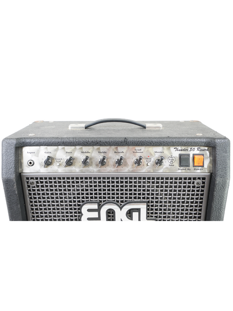 ENG guitar amplifier with control knobs, logo on grille, model Thunder 50 Reverb.