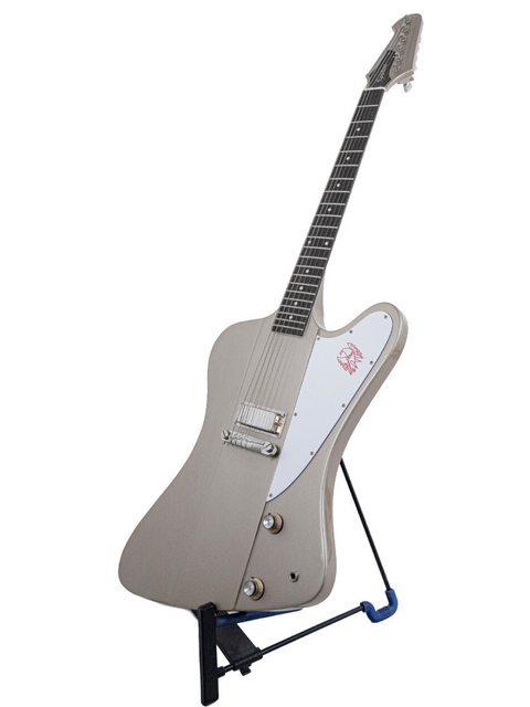 Electric guitar on a stand against a white background.