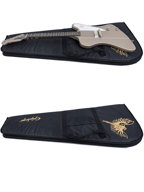 Electric guitar partially inside its black gig bag with a printed logo.