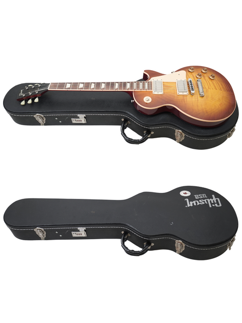 Elegant sunburst hard case for Gibson Les Paul Custom, designed for the 2005 USA model with Slim Taper neck, ensuring durability.