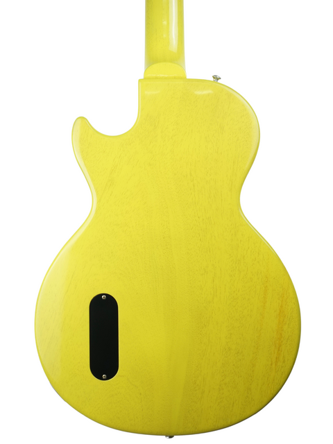 Eye-catching yellow Gibson Custom Les Paul Jr. guitar with a stylish black pickguard, crafted in the USA in 2020.