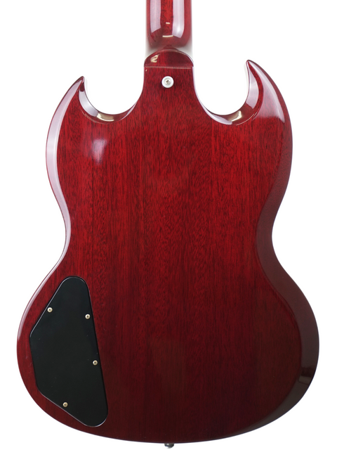 Gorgeous back of a red Gibson SG Standard Reissue Bass, 2005 model, highlighting its elegant black hardware design.