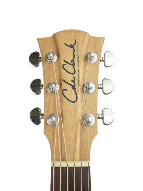 Guitar headstock with tuning pegs and a logo, isolated on a white background.