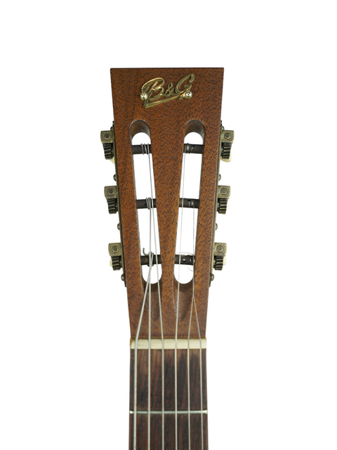 Headstock of B&G Private Build 'Little Sister,' featuring open gear tuners and the gold B&G logo.