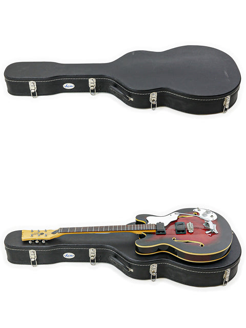Image of two guitars in cases, including a 1967 Vintage Mosrite Celebrity III, highlighting their classic designs.