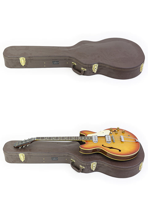 Image of two guitars in distinct cases, highlighting a Vintage Epiphone Casino, USA model from 1965.