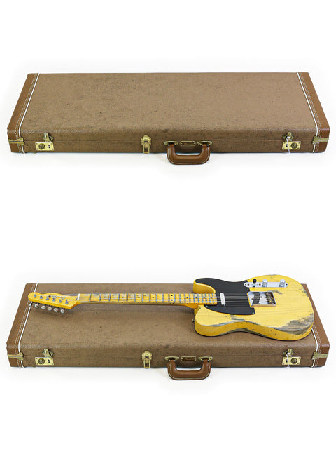 Inside a guitar case, a yellow Fender Custom Shop '53 Telecaster Heavy Relic from 2017 is prominently displayed.