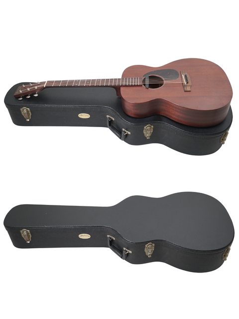 Inside a wooden case, two guitars are stored, showcasing a 2016 Martin 000-15M made in the USA.