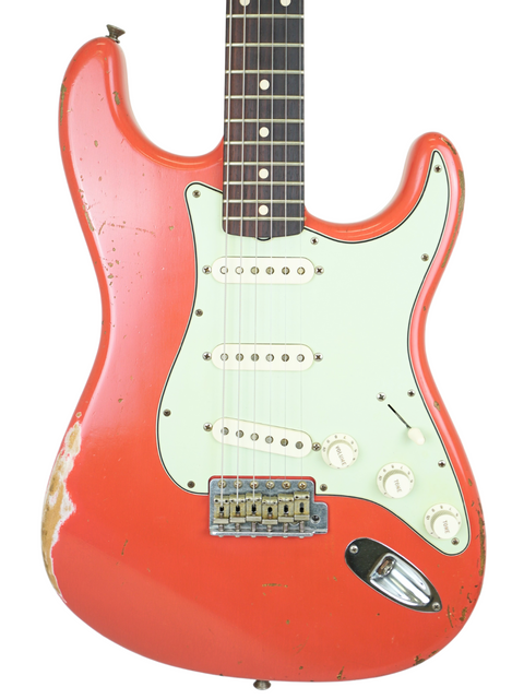 Red Fender Kyle McMillin Masterbuilt 1960 Stratocaster Relic guitar with a white pickguard, USA 2020 model.
