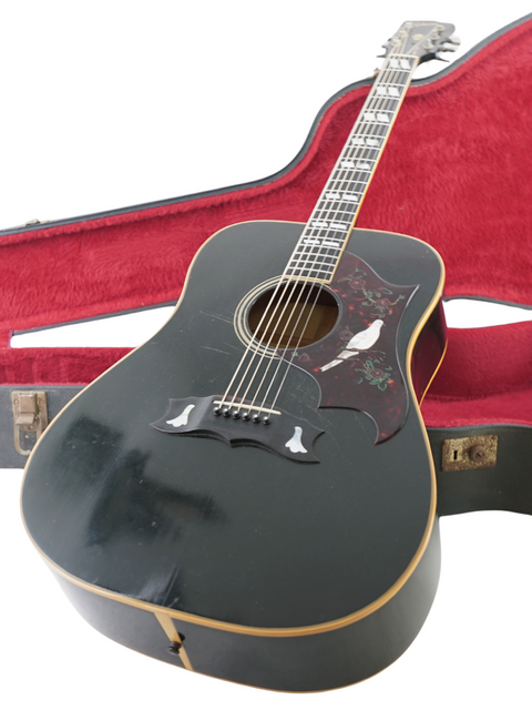 Stunning 1977 Gibson Dove Custom acoustic guitar in black, perfectly nestled in a bold red case.