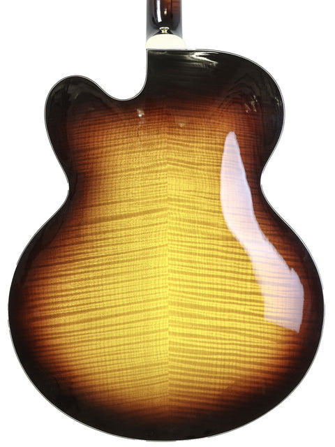 Stunning sunburst Gibson L-5 CES guitar, USA-made in 2002 by James Hutchins, highlighting exquisite artistry and detail.