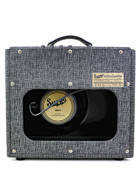 Supro Black Magick 1695T guitar amp in black and white, topped with a chic black cover for a retro vibe.