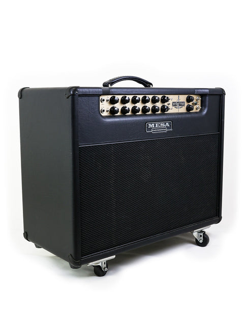 The Mesa Boogie Stiletto Ace 2x12" combo amplifier in black, prominently displayed on a white background, highlighting its features.